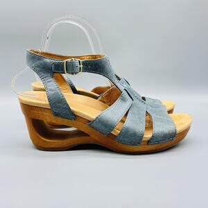 Dansko Shoes Womens 9.5 Blue Leather Sandals Trudy Wooden Wedge Ankle Strappy